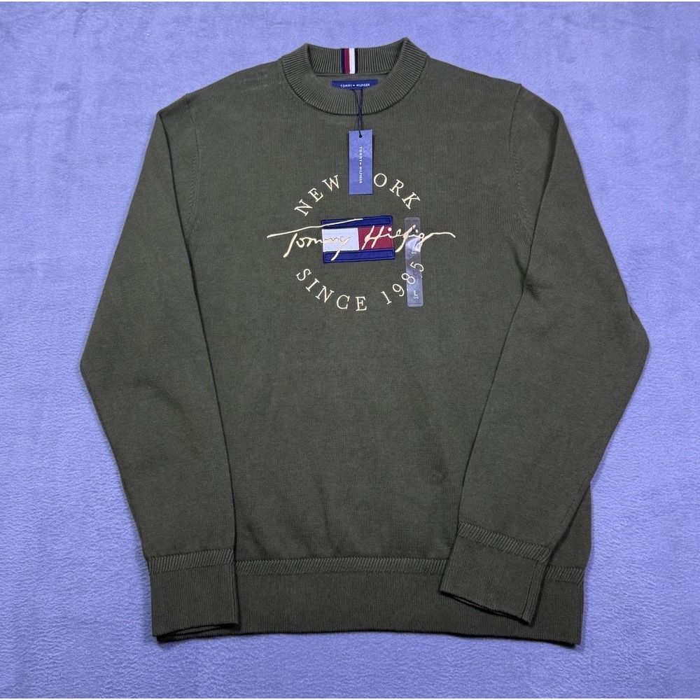 Tommy Hilfiger Sweater Mens L Olive Knitted New York Big Logo Cabincore NEW $90
